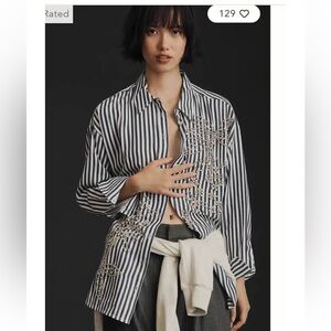 Maeve Navy and White Striped Button Down Shirt with embellishment